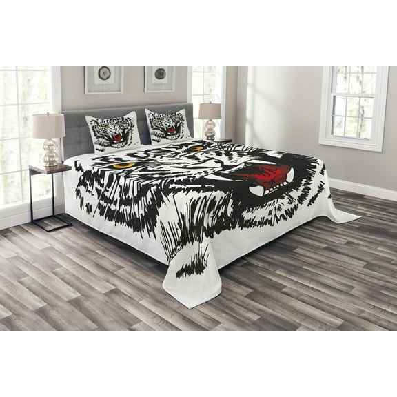 Ambesonne Tiger Quilted Bedspread Set 3 Pcs, Angry Feline Vivid Eyes, Queen Size, Black Red Yellow