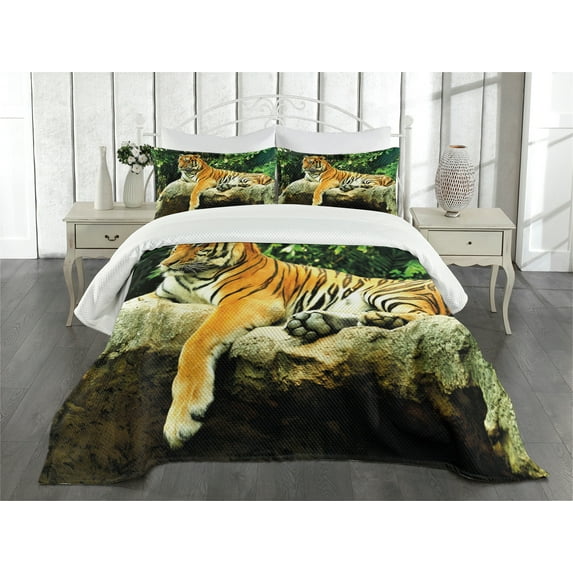 Ambesonne Tiger Quilted Bedspread Set 3 Pcs, Big Cat Resting in Forest, Queen Size, Multicolor