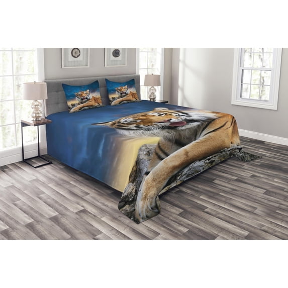 Ambesonne Tiger Quilted Bedspread Set 3 Pcs, Calm Wild Animal Sunset, King Size, Multicolor