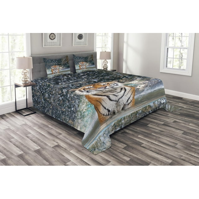 Ambesonne Tiger Quilted Bedspread Set 3 Pcs, Exotic Wildlife Nature, King Size, Multicolor
