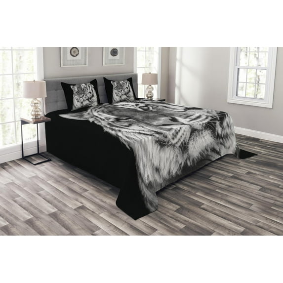 Ambesonne Tiger Quilted Bedspread Set 3 Pcs, Intense Gaze of Hunter, King Size, Pale Grey Black