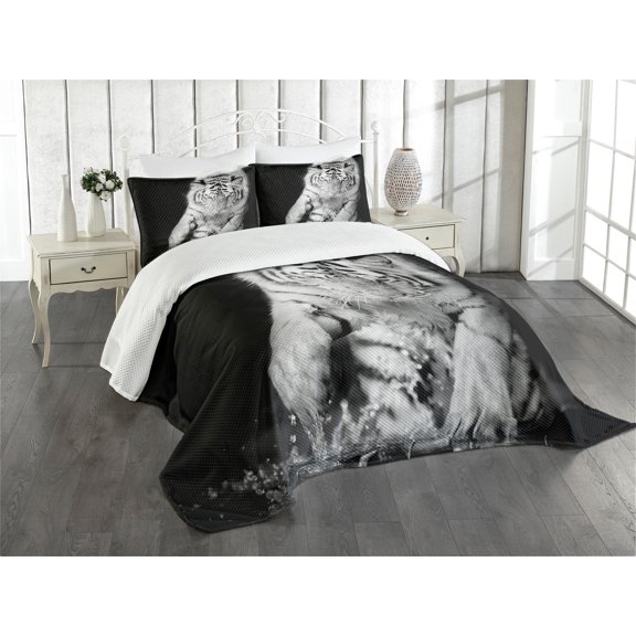 Ambesonne Tiger Quilted Bedspread Set 3 Pcs, Large Cat Plays in Water, Queen Size, Black Pale Grey
