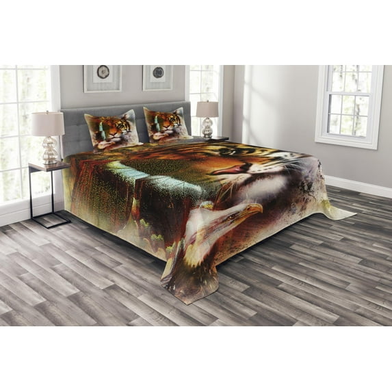 Ambesonne Tiger Quilted Bedspread Set 3 Pcs, Nature Wildlife, Queen Size, Multicolor