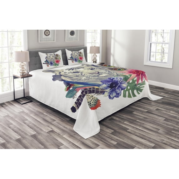 Ambesonne Tiger Quilted Bedspread Set 3 Pcs, Retro Feline Cat, Queen Size, Multicolor