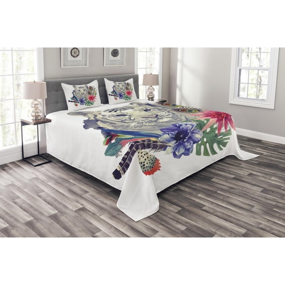 Ambesonne Tiger Quilted Bedspread Set 3 Pcs, Retro Feline Cat, Queen Size, Multicolor