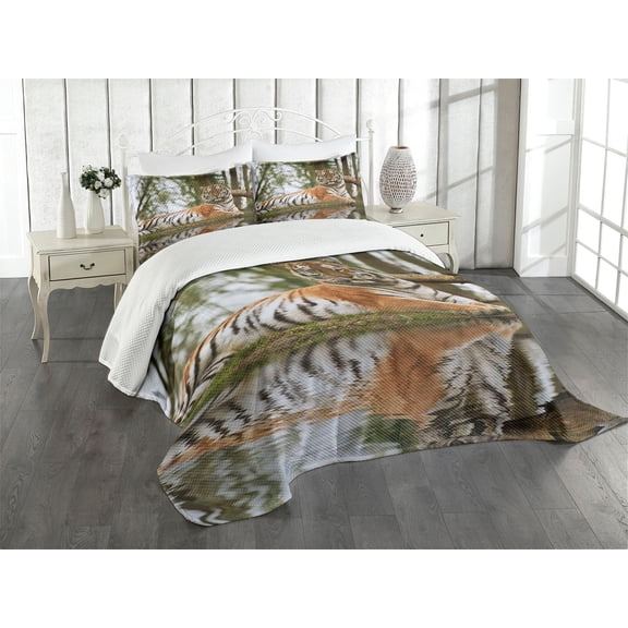 Ambesonne Tiger Quilted Bedspread Set 3 Pcs, Siberian Mammal Warm Day, Queen Size, Pale Brown