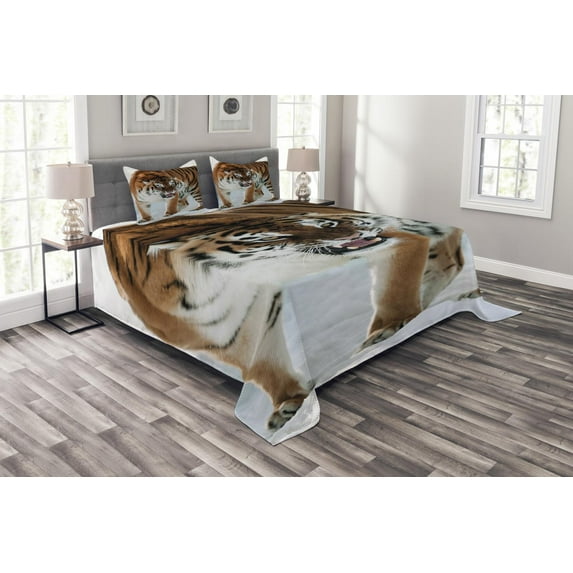 Ambesonne Tiger Quilted Bedspread Set 3 Pcs, Siberian Predator Feline, Queen Size, Pale Brown Black