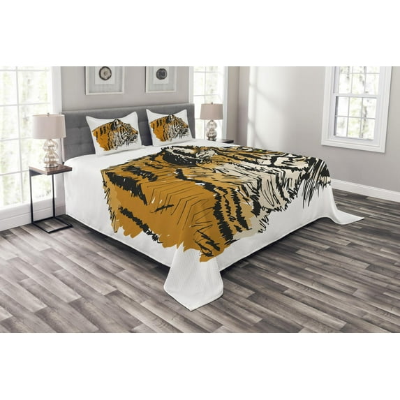 Ambesonne Tiger Quilted Bedspread Set 3 Pcs, Sketch Bengal Carnivore, Queen Size, Pale Brown Black