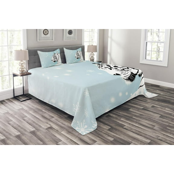 Ambesonne Tiger Quilted Bedspread Set 3 Pcs, White Beast on Snowy Land, Queen Size, Turquoise Black