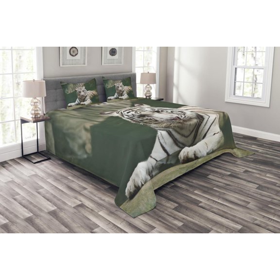 Ambesonne Tiger Quilted Bedspread Set 3 Pcs, White Tiger Swimming Fun, King Size, Teal White