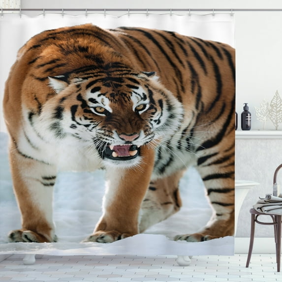 Ambesonne Tiger Shower Curtain, Siberian Predator Feline, 69"Wx75"L, Pale Brown Black