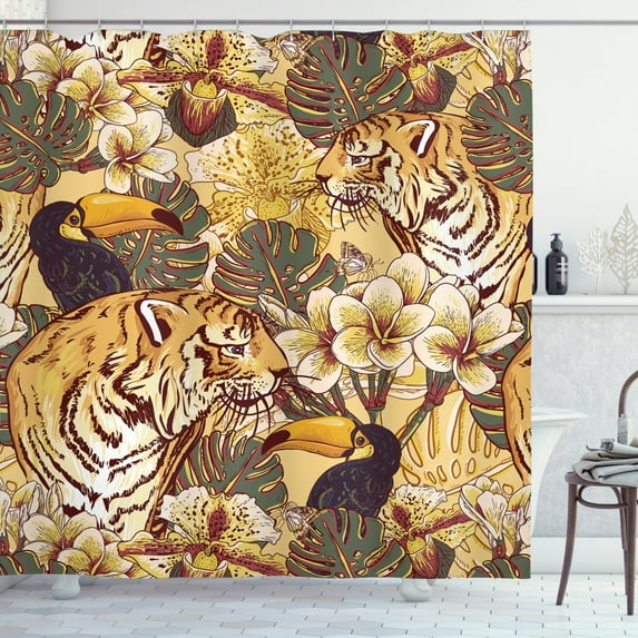 Ambesonne Tiger Shower Curtain, Tropical Bengal Toucan, 69"Wx84"L, Earth Yellow Dark Blue
