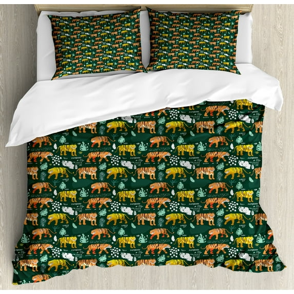 Ambesonne Tigers Duvet Cover Sets, Jungle Animals Forest Life, 2-King, Hunter Green Multicolor