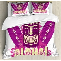 Ambesonne Tiki Bar Duvet Cover Set, Aloha Surfboards, Calking, Pale Yellow Hot Pink