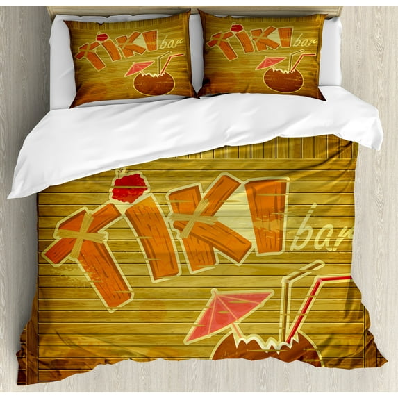 Ambesonne Tiki Bar Duvet Cover Set, Wood Plank Aloha, Queen, Brown Orange Pink