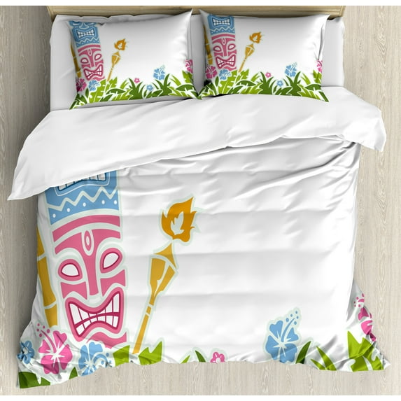 Ambesonne Tiki Bar Duvet Cover Sets, Hibiscus, 2-King, Pale Blue Pink Green