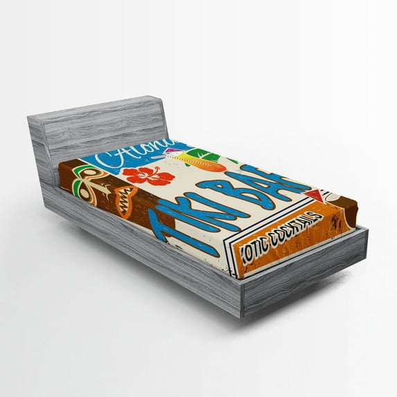 Ambesonne Tiki Bar Fitted Sheet 2 Pcs Set, Vintage Sign, Twin XL, Multicolor