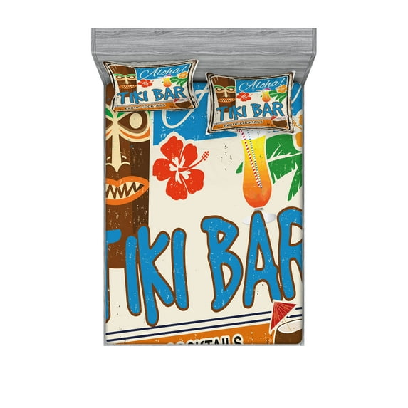 Ambesonne Tiki Bar Fitted Sheet & Pillow Sham Set, Vintage Sign, Queen, Multicolor