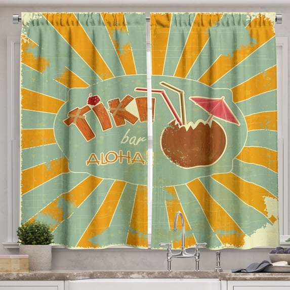 Ambesonne Tiki Bar Kitchen Curtains, Aloha Fun Party, 55"x39", Almond Green Orange