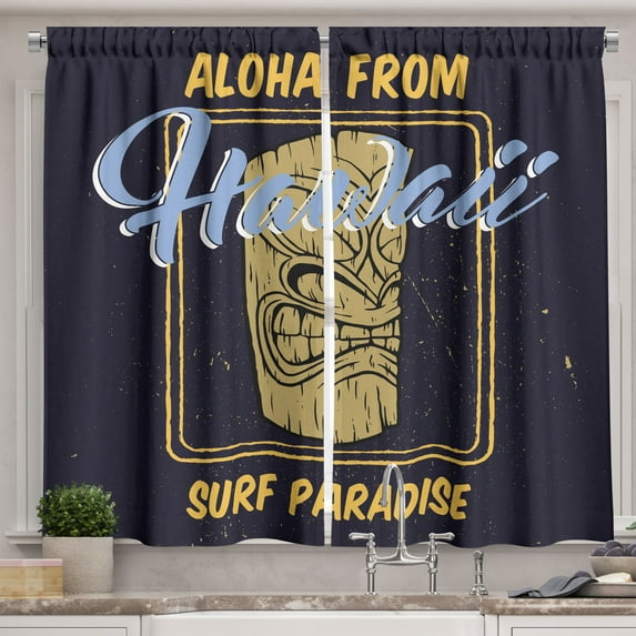 Ambesonne Tiki Bar Kitchen Curtains, Aloha Hawaiian, 55"x45", Indigo Apricot Pale Blue