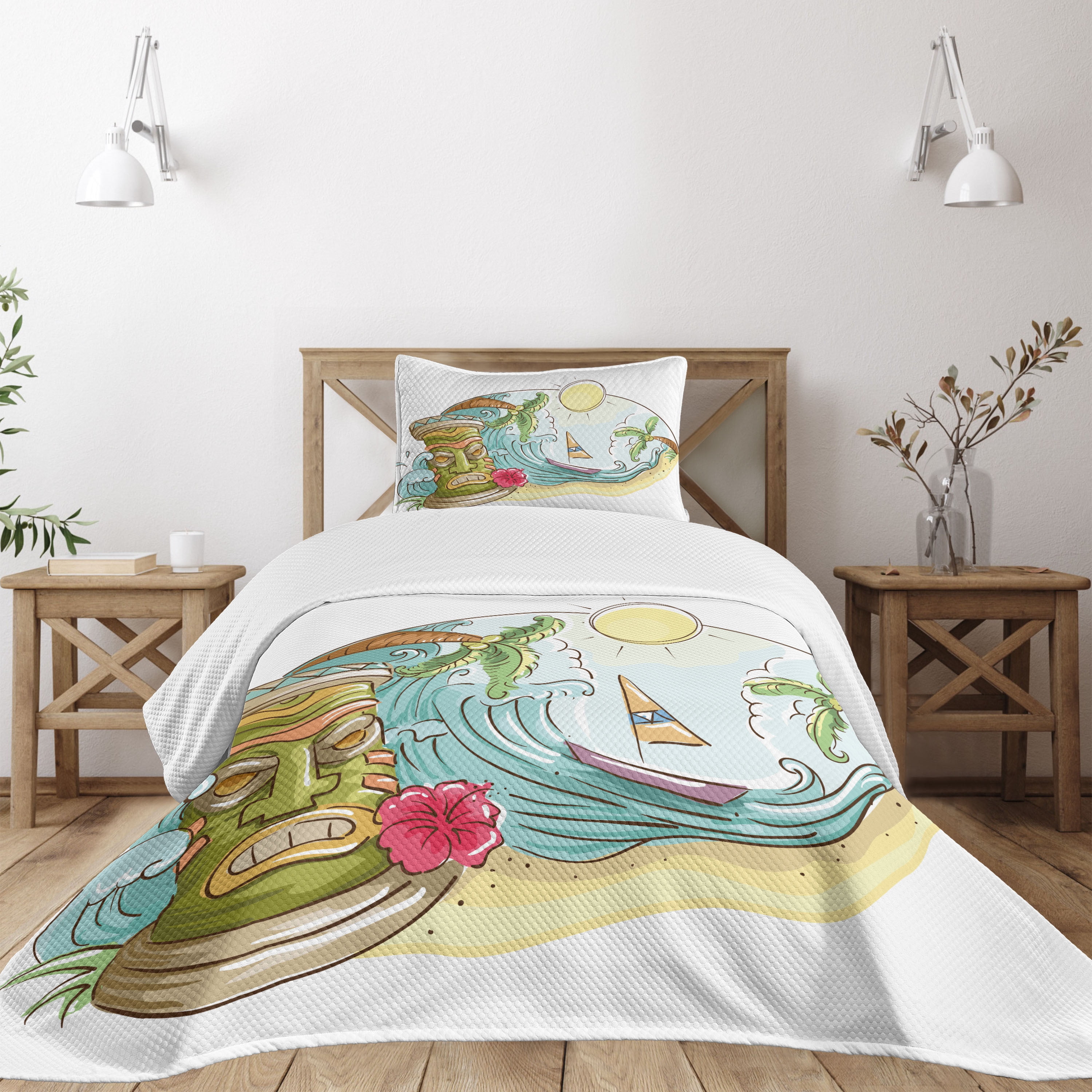 White Quilted Twin Bedspread Set with Pillow Sham
