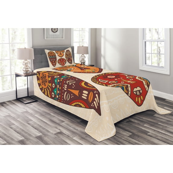 Ambesonne Tiki Bar Quilted Bedspread Set 2 Pcs, Folk Art, Twin Size, Multicolor