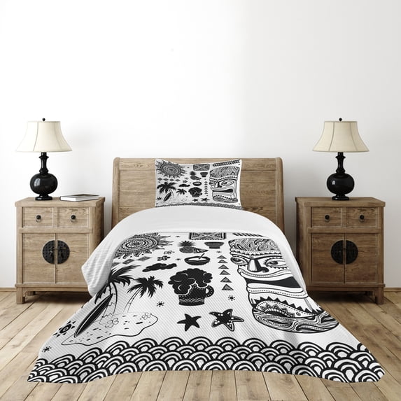 Ambesonne Tiki Bar Quilted Bedspread Set 2 Pcs, Tribals, Twin Size, Black White