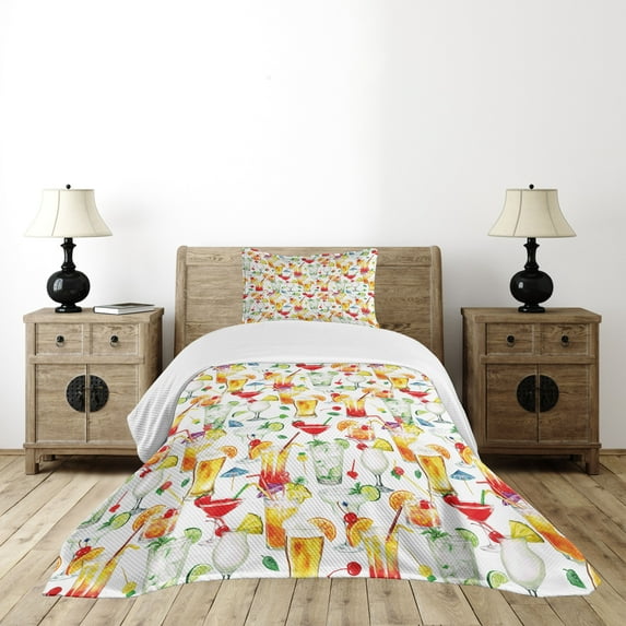 Ambesonne Tiki Bar Quilted Bedspread Set 2 Pcs, Tropic Cocktails, Twin Size, Multicolor