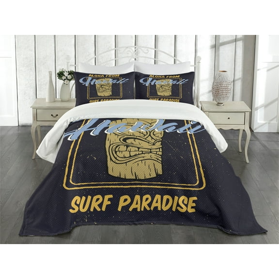 Ambesonne Tiki Bar Quilted Bedspread Set 3 Pcs, Aloha Hawaiian, King Size, Indigo Apricot Pale Blue