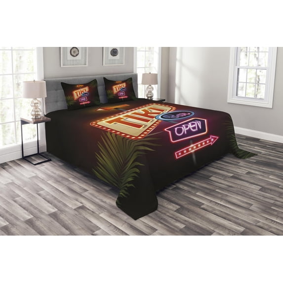 Ambesonne Tiki Bar Quilted Bedspread Set 3 Pcs, Neon Sign Design, Queen Size, Multicolor