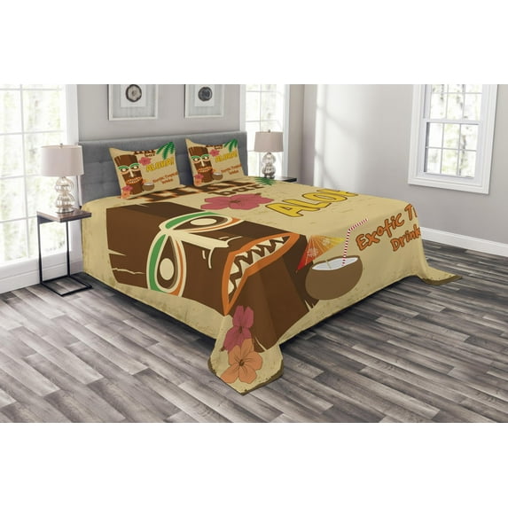 Ambesonne Tiki Bar Quilted Bedspread Set 3 Pcs, Old Drink, Queen Size, Multicolor
