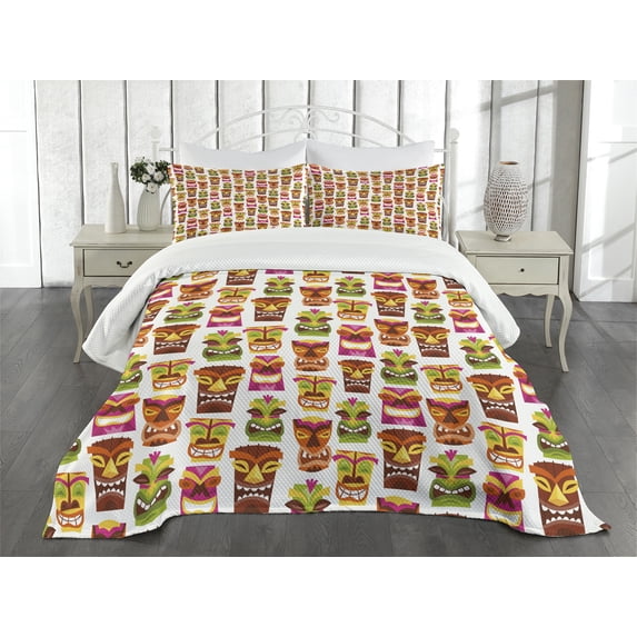 Ambesonne Tiki Bar Quilted Bedspread Set 3 Pcs, Retro Hawaiian, Queen Size, Multicolor