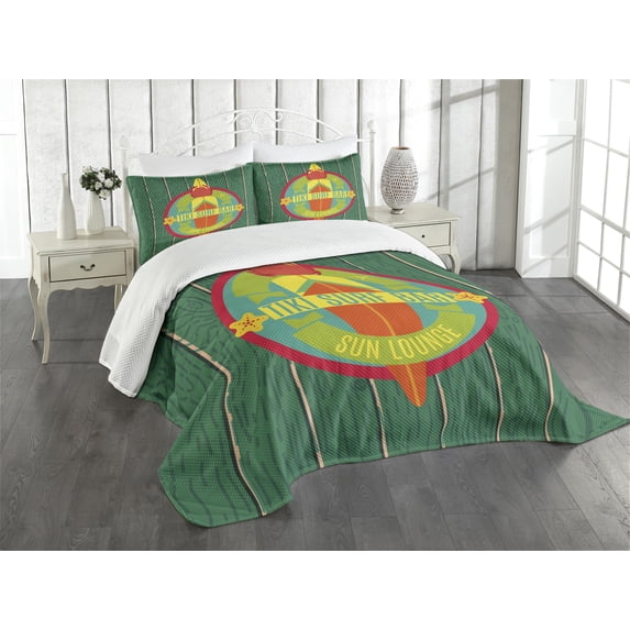 Ambesonne Tiki Bar Quilted Bedspread Set 3 Pcs, Surf Bar Holiday, King Size, Multicolor
