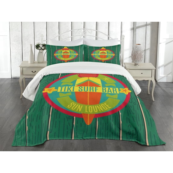 Ambesonne Tiki Bar Quilted Bedspread Set 3 Pcs, Surf Bar Holiday, Queen Size, Multicolor