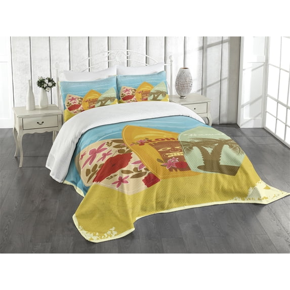 Ambesonne Tiki Bar Quilted Bedspread Set 3 Pcs, Surfboard Exotic, King Size, Multicolor