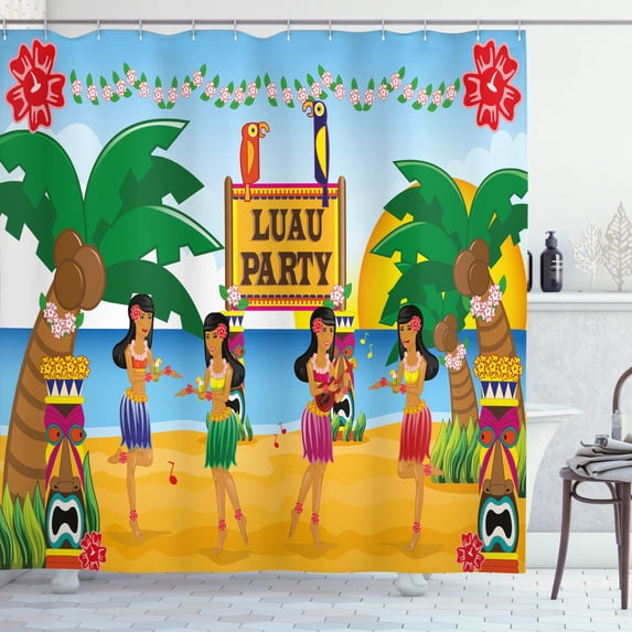 Ambesonne Tiki Bar Shower Curtain, Luau Party Dance, 69"Wx75"L, Multicolor