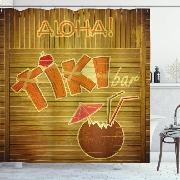 Ambesonne Tiki Bar Shower Curtain, Wood Plank Aloha, 69"Wx70"L, Brown Orange Pink