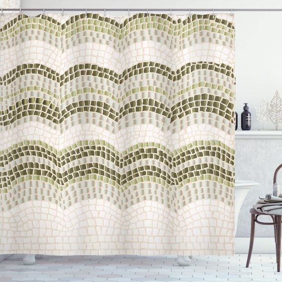 Ambesonne Tiles Shower Curtain, Retro Pattern of Waves Roman, 69"Wx75"L, Army Green