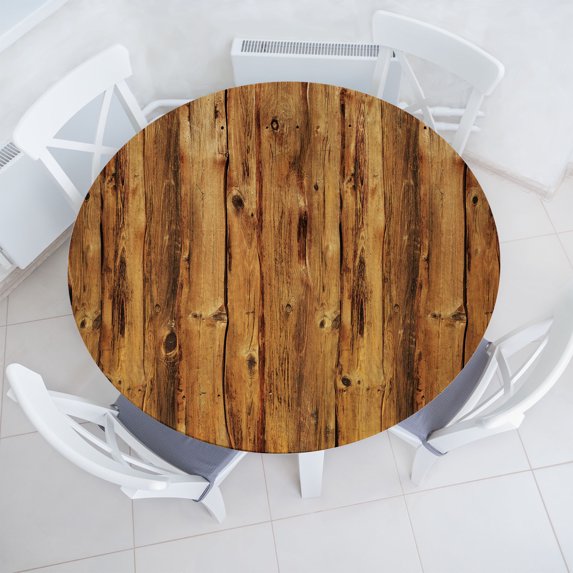 Ambesonne Timber Fitted Round Tablecloth, Wooden Forest Trees Art, 40"- 44" Diameter, Brown