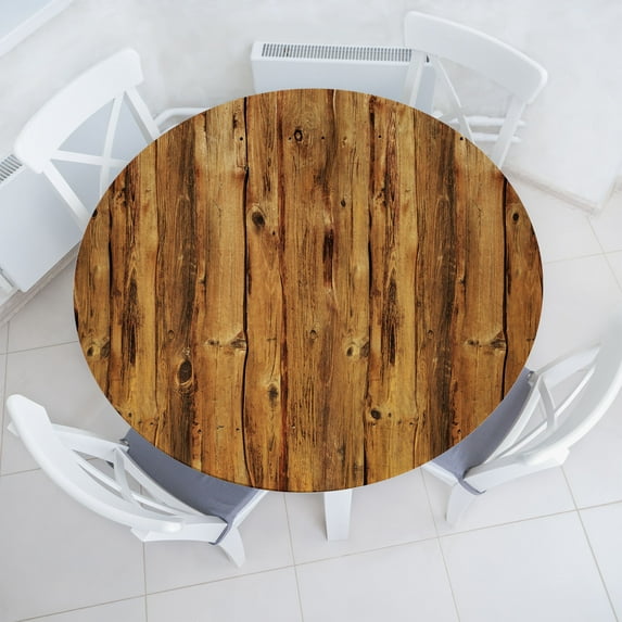 Ambesonne Timber Fitted Round Tablecloth, Wooden Forest Trees Art, 56"- 60" Diameter, Brown