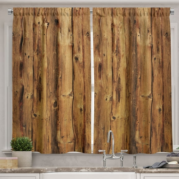 Ambesonne Timber Kitchen Curtains, Wooden Forest Trees Art, 55"x45", Brown