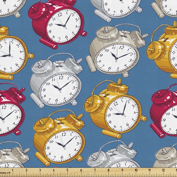 Ambesonne Time Themed Fabric by the Yard Upholstery, Alarm Clocks Pattern, 1 Yard, Dark Turquoise Orange