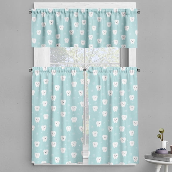 Ambesonne Tooth Valance & Curtain, Smiling Teeth Characters Art, 55"x24", Pale Blue White and Grey