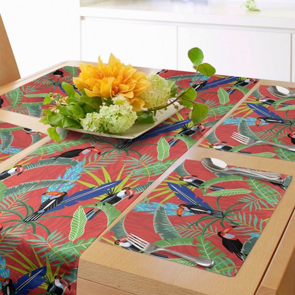Ambesonne Toucan Table Runner & Placemats, Tropical Birds Rainforest, Placemat 4 pcs + Runner 16"x72", Dark Salmon Multicolor
