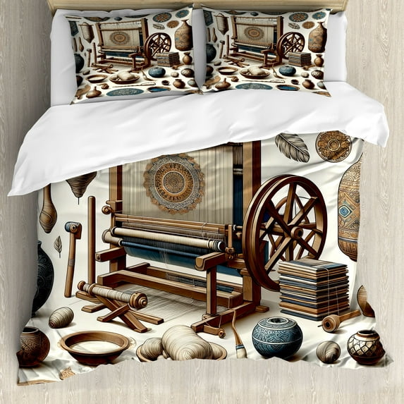 Ambesonne Traditional Duvet Cover Set, Oriental Ethno Artwork, King, Umber Dark Teal Ivory