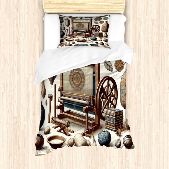Ambesonne Traditional Duvet Cover Set, Oriental Ethno Artwork, Twin, Umber Dark Teal Ivory