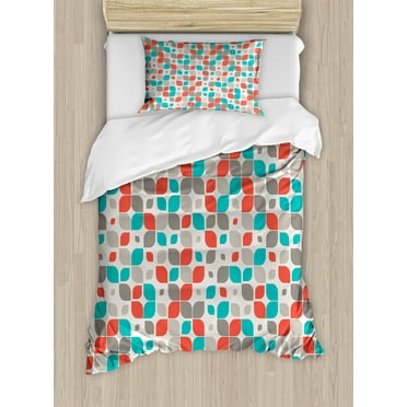 Ambesonne Traditional Duvet Cover Set, Retro Mosaic Motif, Twin, Warm Taupe Turquoise