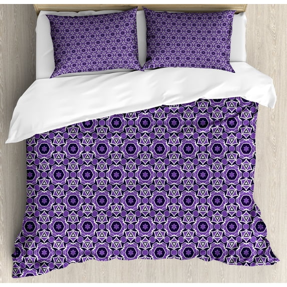 Ambesonne Traditional Duvet Cover Sets, Eastern Mosaic Floral, 2-Queen, Violet Dark Purple and White