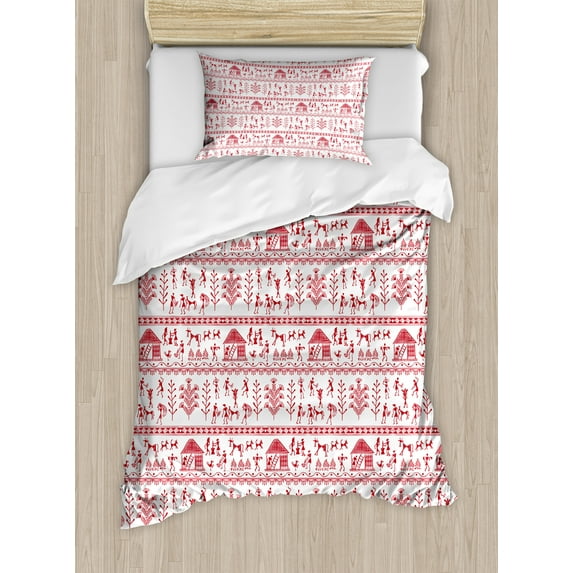 Ambesonne Traditional Duvet Cover Sets, Prehistoric Drawing, 2-Twin, White Red