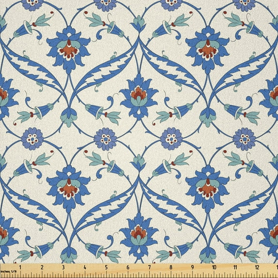 Ambesonne Traditional Fabric by the Yard Microfiber, Ottoman Style Pattern, 10 Yards, Dark Ceil Blue and Redwood
